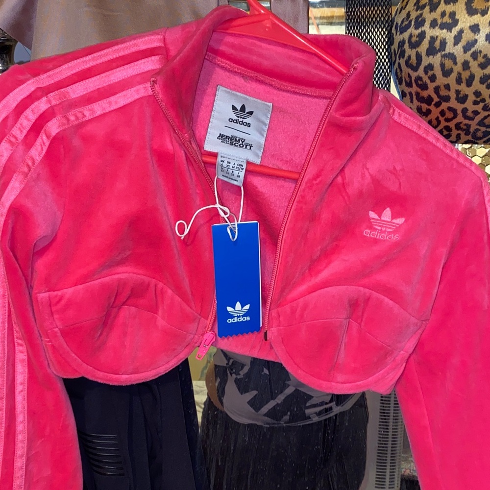 Adidas Bold Pink Cropped Jacket.New ADIDAS Jeremy Scott track top velour sweater